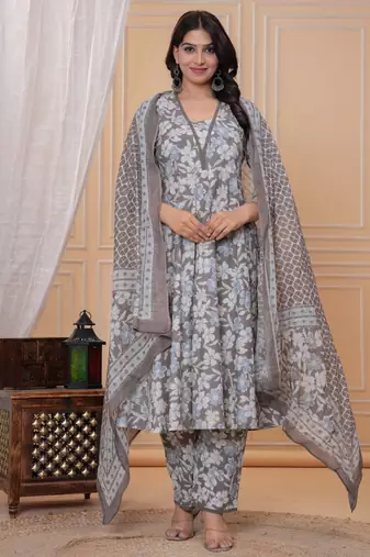 Brown floral printed angrakha kurta with palazzo & dupatta