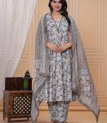 Brown floral printed angrakha kurta with palazzo & dupatta