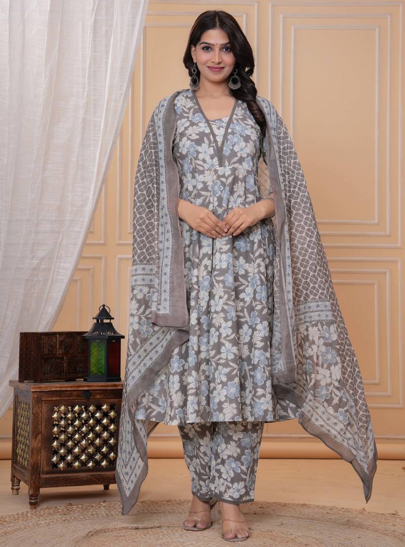 Brown floral printed angrakha kurta with palazzo & dupatta