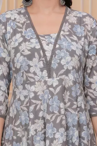 Brown floral printed angrakha kurta with palazzo & dupatta