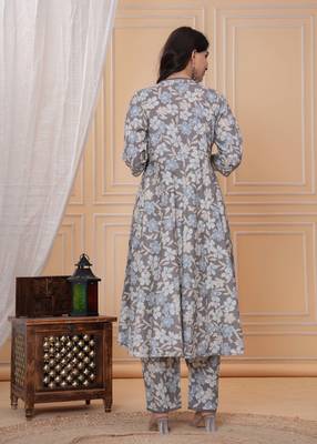 Brown floral printed angrakha kurta with palazzo & dupatta 3