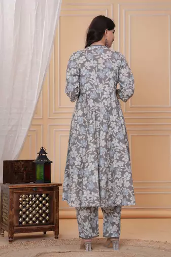Brown floral printed angrakha kurta with palazzo & dupatta