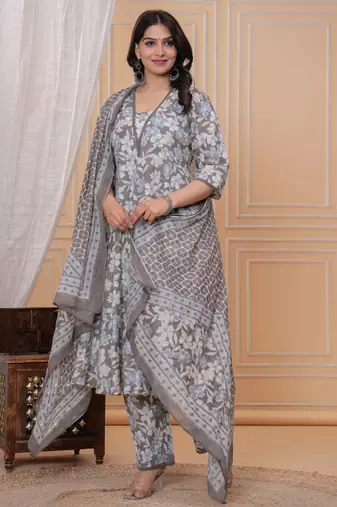 Brown floral printed angrakha kurta with palazzo & dupatta