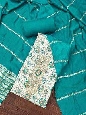 Turquoise roman cotton silk print handwork unstitched dress material 2