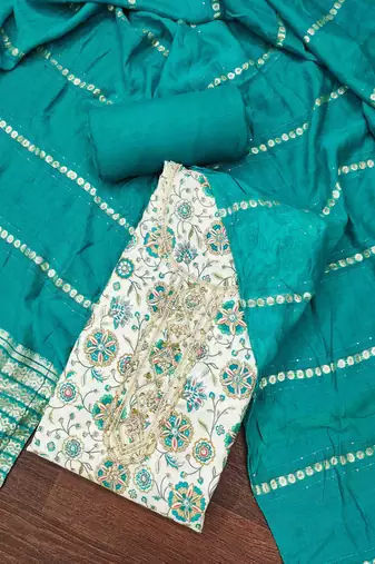Turquoise roman cotton silk print handwork unstitched dress material