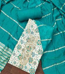 Turquoise roman cotton silk print handwork unstitched dress material