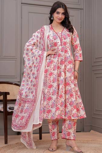 Cream floral printed angrakha kurta with palazzo & dupatta