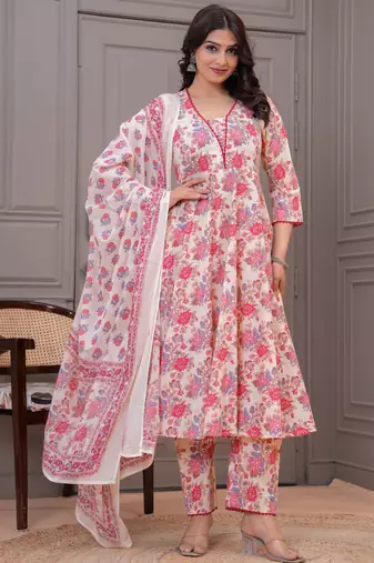 Cream floral printed angrakha kurta with palazzo & dupatta