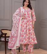 Cream floral printed angrakha kurta with palazzo & dupatta