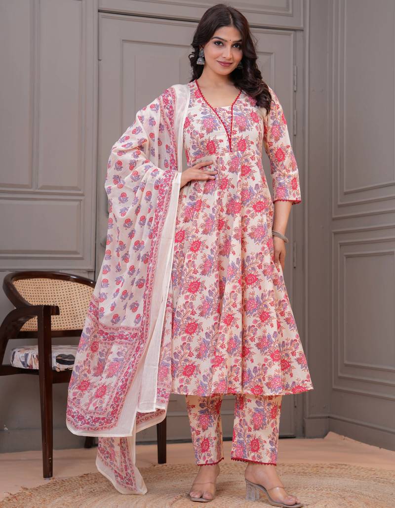 Cream floral printed angrakha kurta with palazzo & dupatta