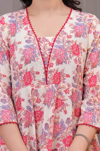 Cream floral printed angrakha kurta with palazzo & dupatta