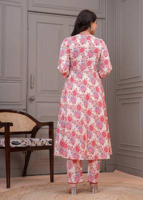 Cream floral printed angrakha kurta with palazzo & dupatta 3
