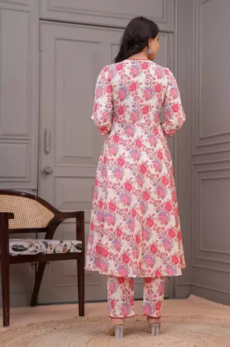 Cream floral printed angrakha kurta with palazzo & dupatta
