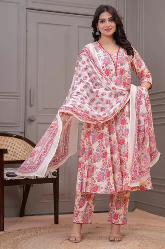 Cream floral printed angrakha kurta with palazzo & dupatta