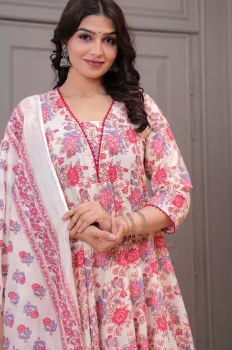 Cream floral printed angrakha kurta with palazzo & dupatta