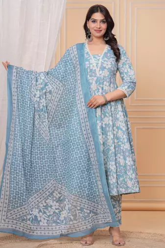 Sky blue floral printed angrakha kurta with palazzo & dupatta