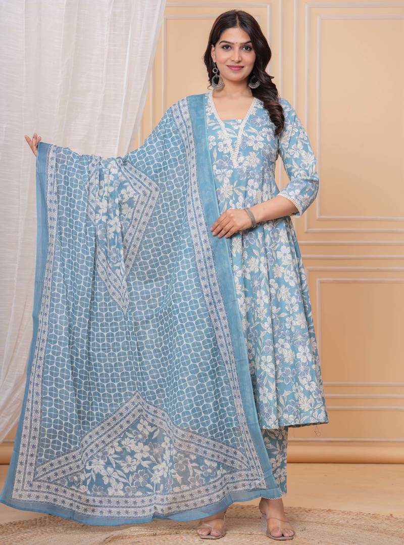 Sky blue floral printed angrakha kurta with palazzo & dupatta