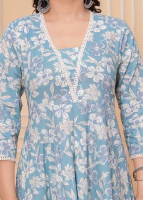 Sky blue floral printed angrakha kurta with palazzo & dupatta 2