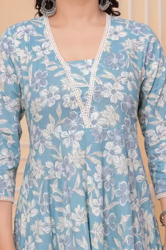 Sky blue floral printed angrakha kurta with palazzo & dupatta