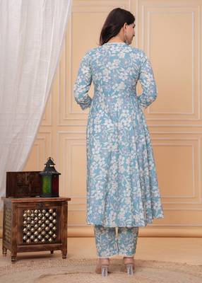 Sky blue floral printed angrakha kurta with palazzo & dupatta 3
