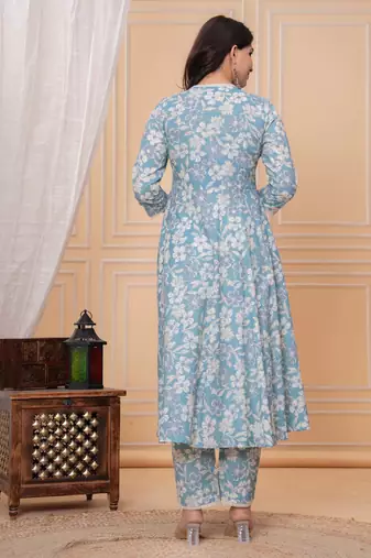 Sky blue floral printed angrakha kurta with palazzo & dupatta