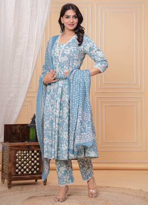 Sky blue floral printed angrakha kurta with palazzo & dupatta 5