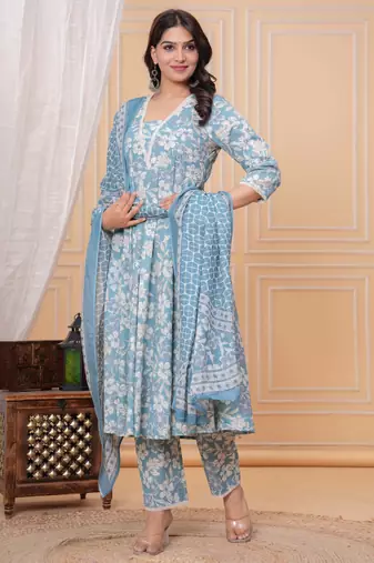 Sky blue floral printed angrakha kurta with palazzo & dupatta