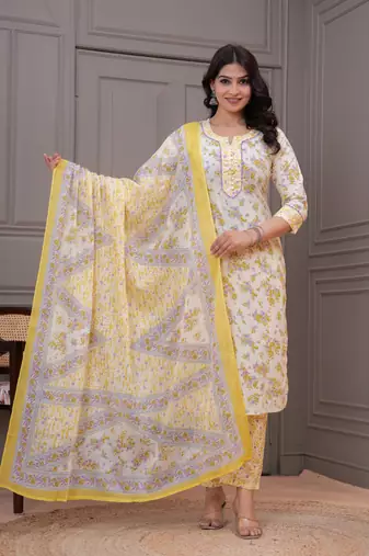 Yellow floral printed  stright kurta trouser set with printed dupatta