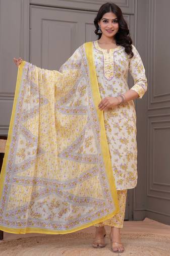 Yellow floral printed  stright kurta trouser set with printed dupatta