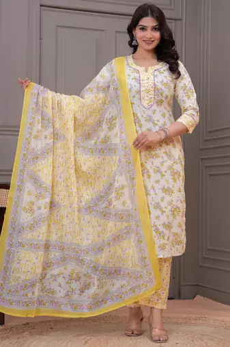 Yellow floral printed  stright kurta trouser set with printed dupatta