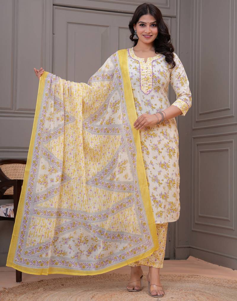 Yellow floral printed  stright kurta trouser set with printed dupatta