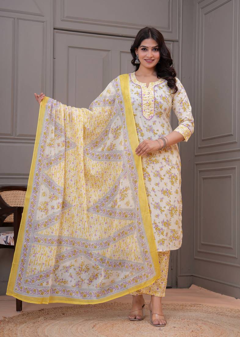 Yellow floral printed  stright kurta trouser set with printed dupatta