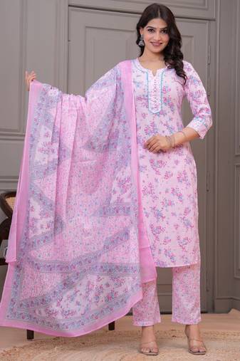 Baby pink floral printed  stright kurta trouser set with printed dupatta