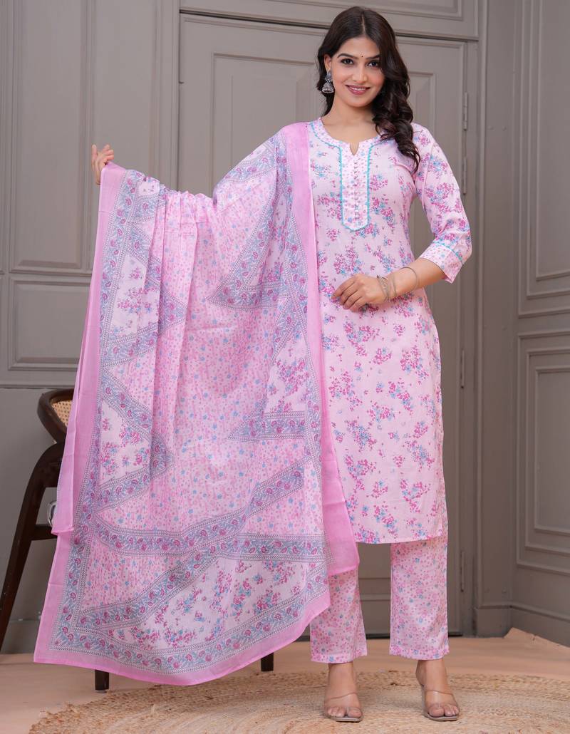 Baby pink floral printed  stright kurta trouser set with printed dupatta