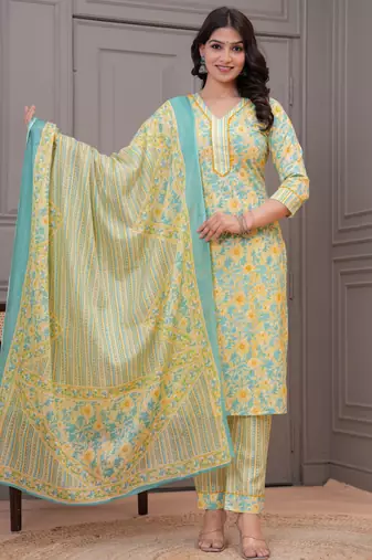 Green floral printed  stright kurta trouser set with printed dupatta