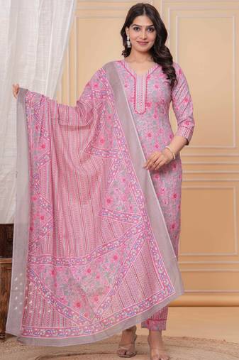 Rani pink floral printed  stright kurta trouser set with printed dupatta