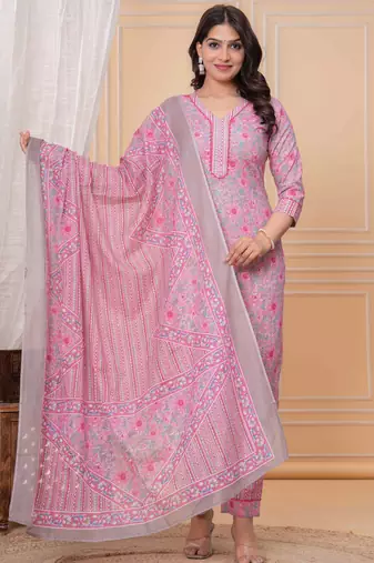 Rani pink floral printed  stright kurta trouser set with printed dupatta