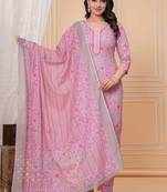 Rani pink floral printed  stright kurta trouser set with printed dupatta