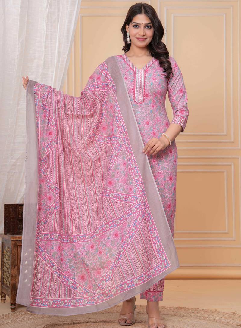 Rani pink floral printed  stright kurta trouser set with printed dupatta