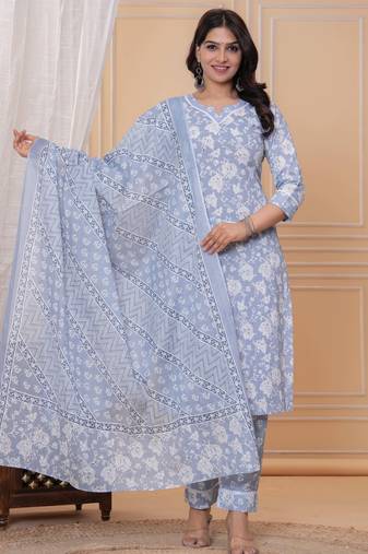 Sky blue floral printed  stright kurta trouser set with printed dupatta