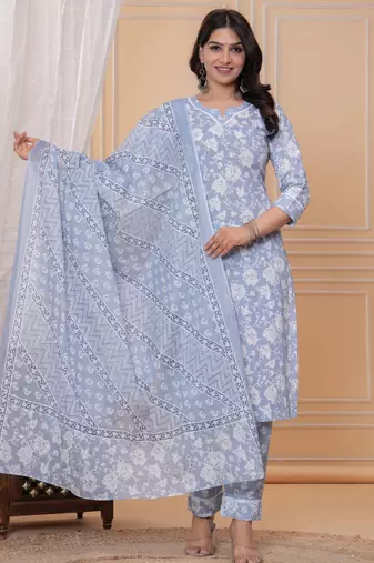 Sky blue floral printed  stright kurta trouser set with printed dupatta