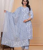 Sky blue floral printed  stright kurta trouser set with printed dupatta
