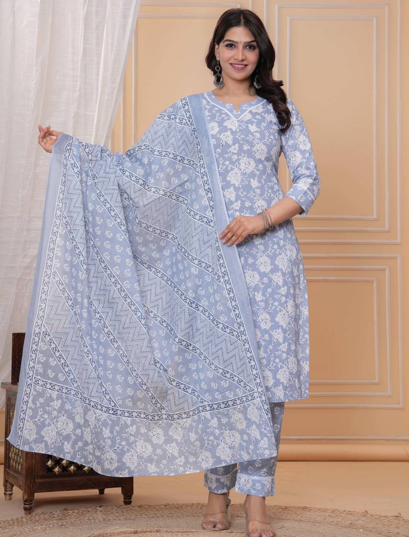 Sky blue floral printed  stright kurta trouser set with printed dupatta