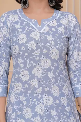 Sky blue floral printed  stright kurta trouser set with printed dupatta