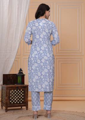Sky blue floral printed  stright kurta trouser set with printed dupatta 3