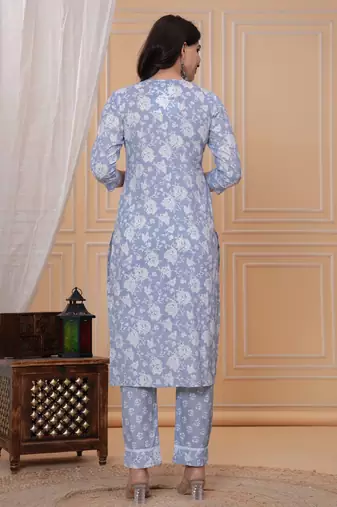 Sky blue floral printed  stright kurta trouser set with printed dupatta