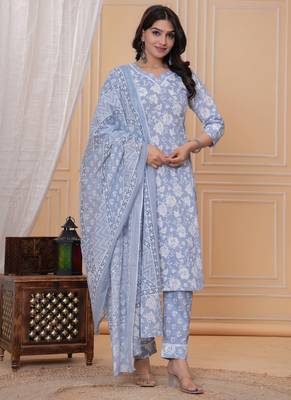 Sky blue floral printed  stright kurta trouser set with printed dupatta 5