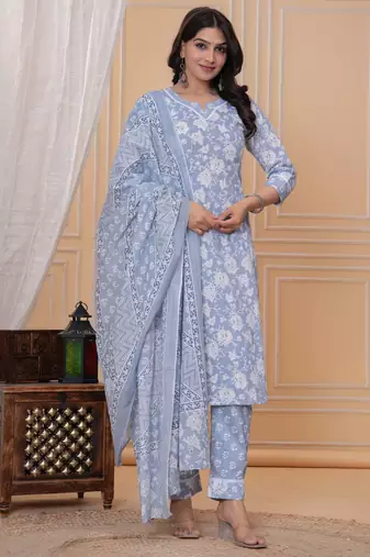 Sky blue floral printed  stright kurta trouser set with printed dupatta