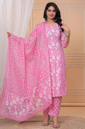 Pink  floral printed  stright kurta trouser set with printed dupatta