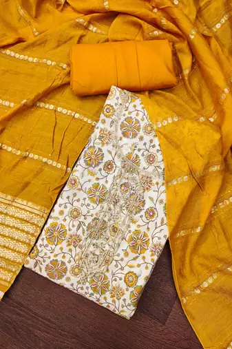Yellow roman cotton silk print handwork unstitched dress material